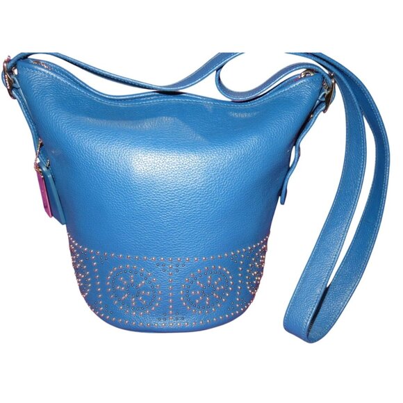 Coach Bleeker Cobalt Blue Pebbled Leather Studded Duffle Crossbody Bucket Bag - Picture 1 of 11